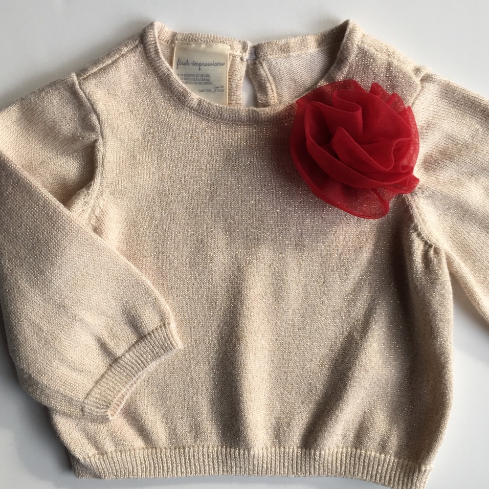 Girl’s Sweater 24 Months gold knit pullover red flower Christmas baby EUC